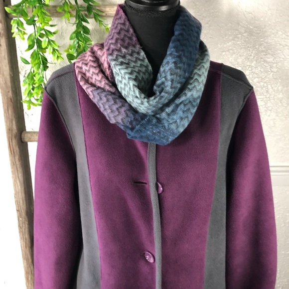 Susan Graver Fleece Purple Gray Long Button Up Coat Color. Block Trench Coat - Picture 14 of 16